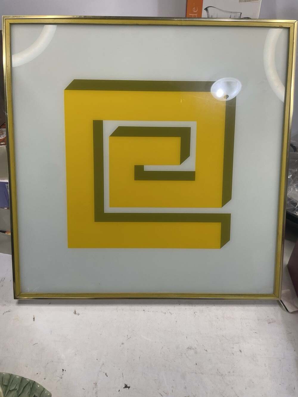 Vintage 1970s Op Art Geometric Graphic Print Yellow Framed Mid Century